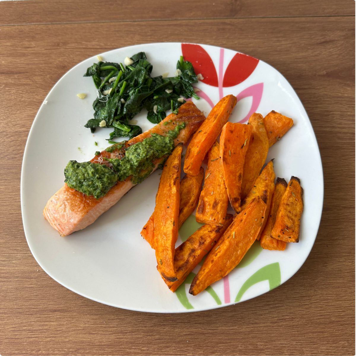 Pesto Salmon with Roasted Sweet Potatoes & Garlic Spinach